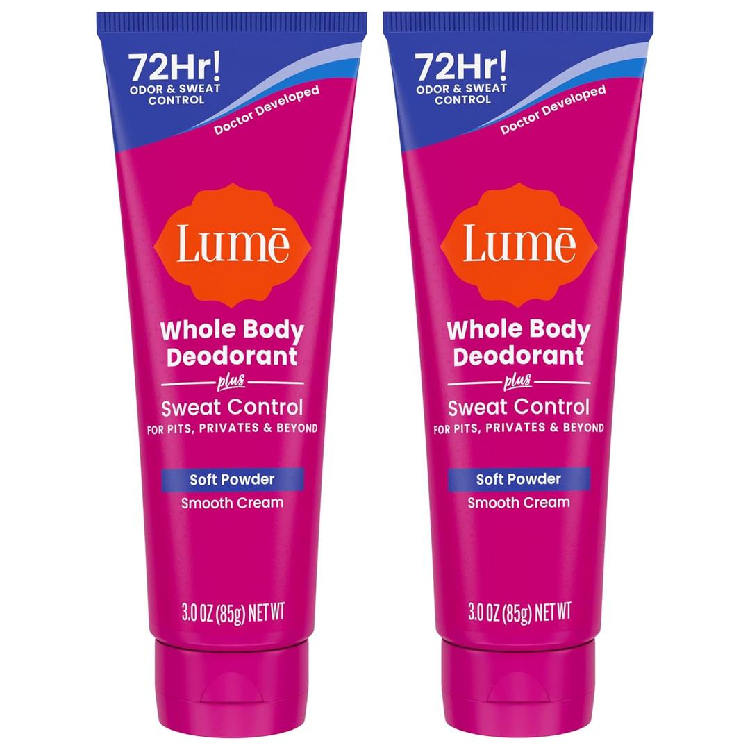 Lume Whole Body Deodorant Plus Sweat Control - Smooth Cream Tube - 72 Hour Odor And Sweat Control - Baking Soda Free, Skin Loving - 3.0 ounce (Pack of 2) (Soft Powder)
