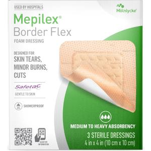 Mepilex Border Flex 4 x 4 in (10 x 10 cm) Hospital Grade Dressings for Skin Tears, Minor Burns and Cuts Waterproof Adhesion for Up to 7-Day Use