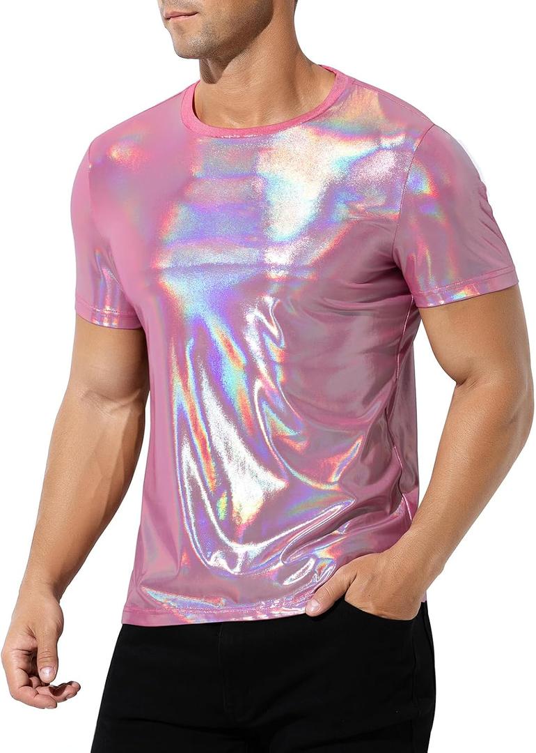 Casey Kevin Mens Metallic T-Shirts Shiny Shirt for Mens 70s Disco Outfits for Mens Holographic Short Sleeve Tops Pink XXL