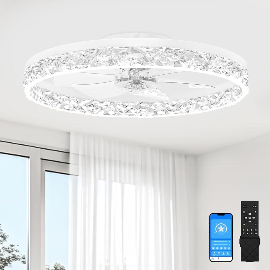 VOLISUN Fandelier Ceiling Fans with Light, 23.6in Low Profile Ceiling Fan with Light and Remote, 3000K-6500K Dimmable Bladeless Ceiling Fan Flush Mount, White Modern Ceiling Fans for Bedroom