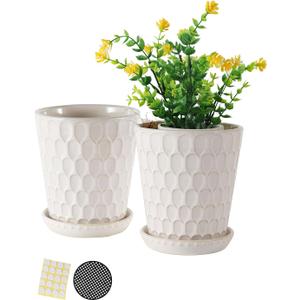 TAMAYKIM 5 Inch Ceramic Plant Pots with Drainage Holes, Modern Flower Planter with Saucer for Indoor Plants, Succulent, Cactus & Herbs, White, Set of 2 (Plants Not Included)