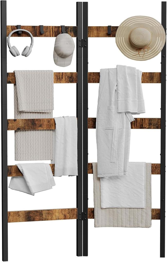 Foldable Blanket Ladder, 5-Tier Ladder Shelf, Decorative Ladder with 5 Removable Hooks, Wall-Leaning Blanket Holder for Towel, Scarves, Quilt Display Rack for Living Room, Rustic Brown