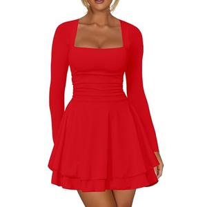 Kaximil Women's Square Neck Ruffle Hem Mini Dress Ruched Waist Long Sleeve Corset Short Party Dresses (Large, Red)