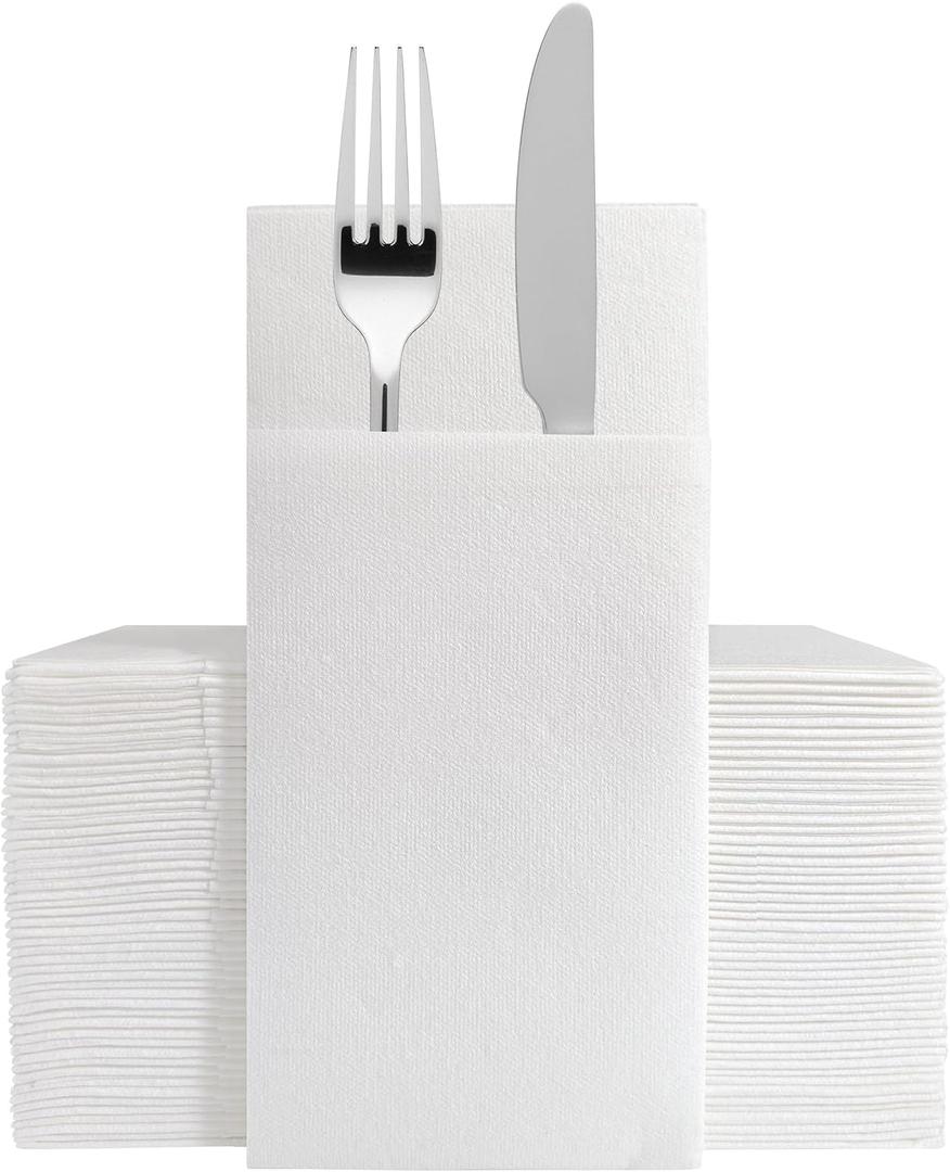 50-Pack White Cloth-Like Disposable Napkins - Linen Feel Dinner Napkins with Flatware Pocket for Weddings, Parties & Holidays