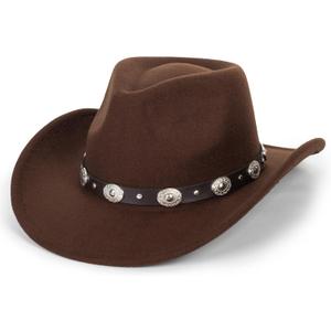 Women & Men Felt Western Cowboy Hat Classic Roll Up Brim Belt Buckle Cowgirl Fedora (M) (Coffee)