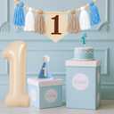 1st Birthday Highchair Banner Decorations for First Boys With Blue Cone Hat, Number 1 Balloon and Birthday Candle Photo Backdrop (Khaki and Blue)