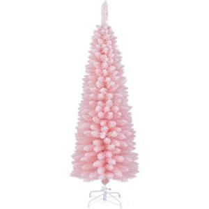 DORTALA 5 FT Pencil Christmas Tree Pink, Unlit Artificial Slim Xmas Full Tree with 328 Branch Tips, Folding Metal Stand, Flocked Skinny Decor Tree for Home Office Party
