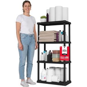 IRIS USA 4-Shelf Light Duty Plastic Storage Shelves, 200lb Capacity, 48" H x 24" W x 12" D, Medium Modular Shelving Unit Storage Organizer for Bathroom, Laundry, Garage & Home, Storage Rack - Black