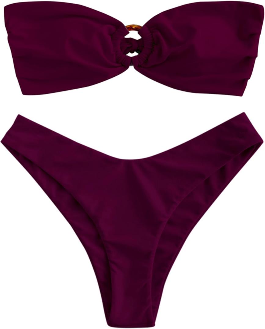 ZAFUL Women's Bandeau Bikini O Ring Strapless Tie Back High Cut Two Piece Swimsuit Bathing Suits (1-plum Pie)