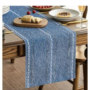 Artoid Mode Blue Rustic Cotton Linen Table Runner, Seasonal Embroidered Hollow Kitchen Dining Table Decoration for Home Party Decor 13x72 Inch