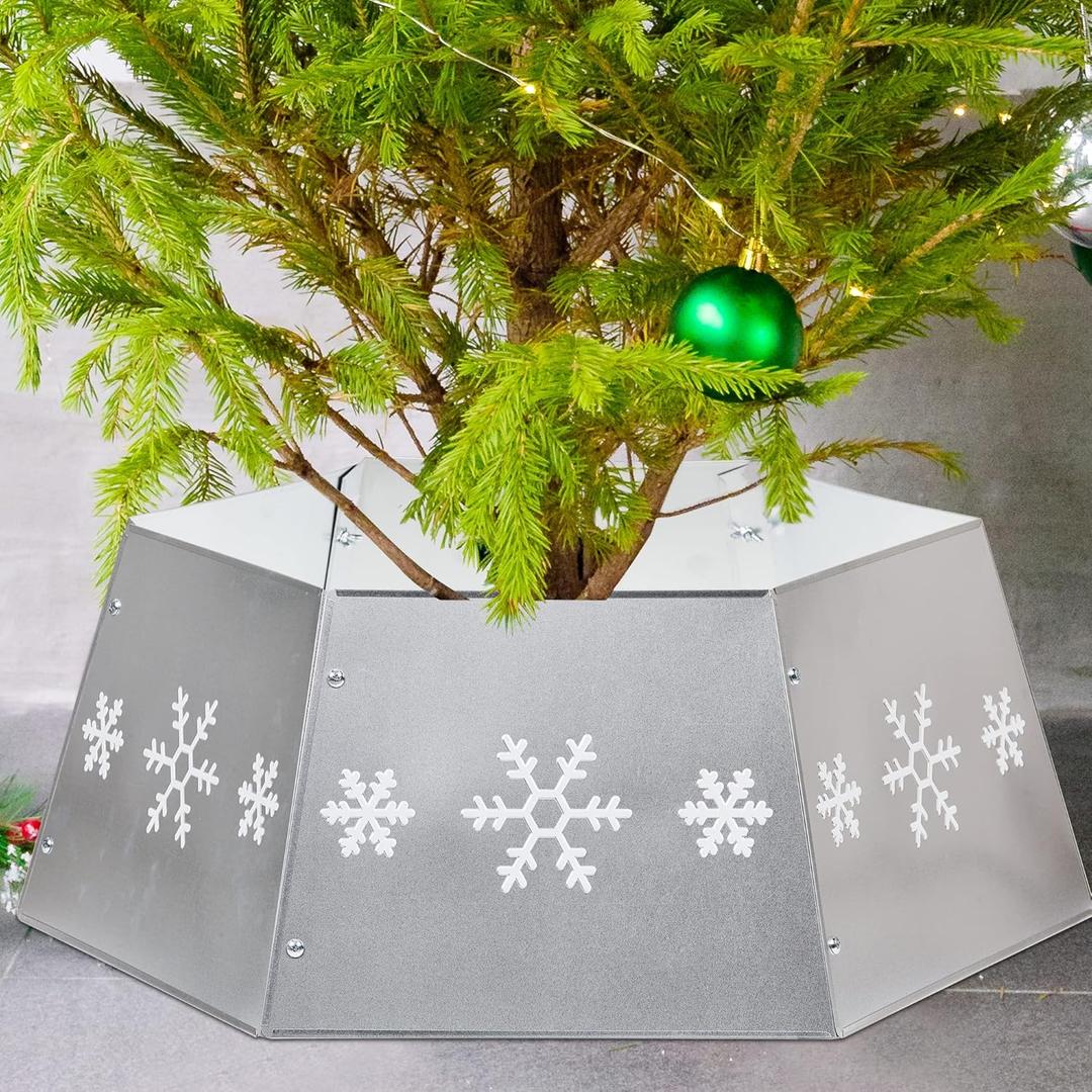 FORUP Metal Christmas Tree Ring with Printed Snowflake, Tree Skirt Base Stand for Tree Decorations (Silver)