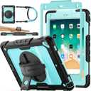 SEYMAC stock Case for iPad 6th / 5th Generation Case/Air 2 / Pro 9.7 inch, Heavy Duty Protective with Screen Protector, with Pencil Holder, Hand Strap, Shoulder Strap, 360 Rotate Stand, SkyBlue+Black