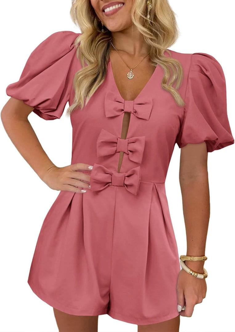 Cicy Bell Womens Cute Rompers Bow Front Puff Sleeve V Neck Short Jumpsuits Sexy Summer Outfits with Pockets (Red, M)