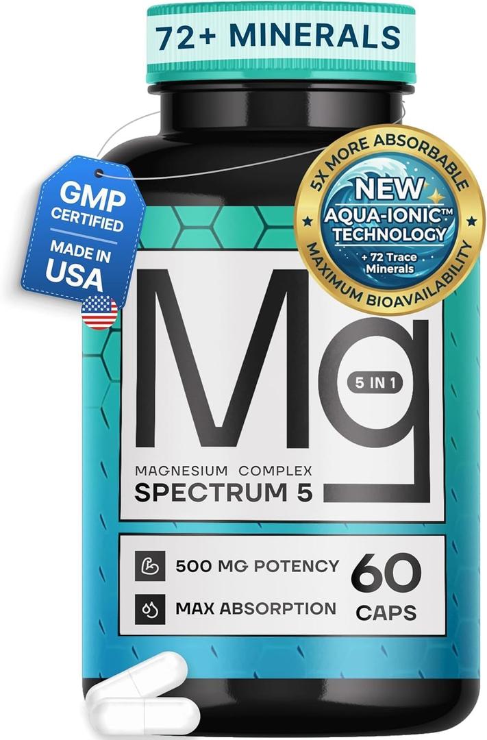 Spectrum 5 Magnesium | 5-in-1 Complex + 72 Trace Minerals for Enhanced Absorption | Irish Sea Sourced | 500mg per Serving | Made in USA, Third Party Tested, GMP Certified, Expiry: 04/2028