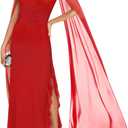 MAYFASEY Women's Sexy Elegant Long Sleeve High Split Mesh Ruched Formal Long Evening Party Maxi Dress with Cape (Red, M)
