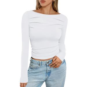 Trendy Queen Women's Long Sleeve Shirts 2025 Ruched Boat Neck Business Casual Tops Fitted Crop Cute Spring Outfits (White, M)