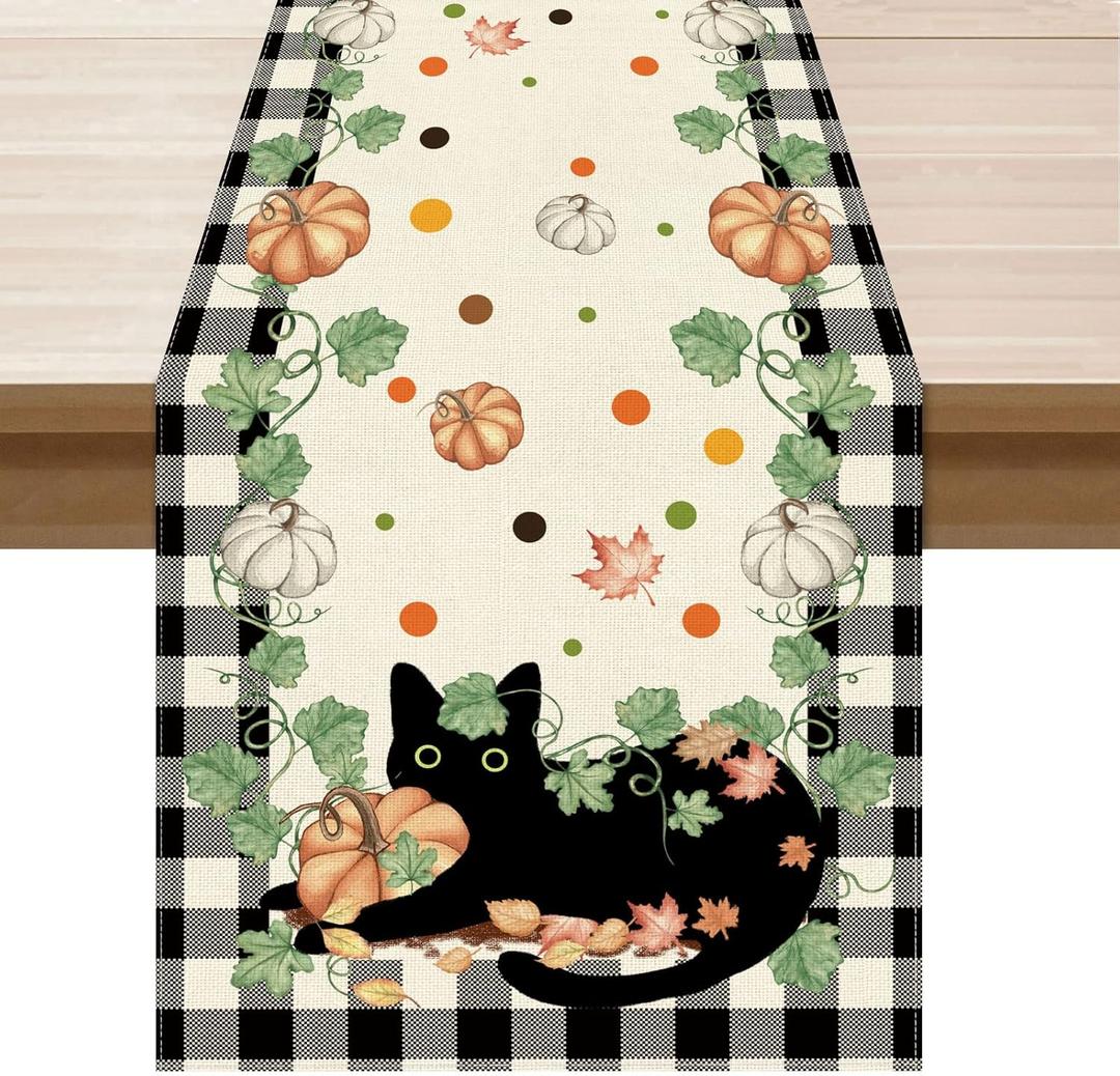 2 x XCHI Fall Black Cat Pumpkin Plaid Table Runner Table Decoration for Kitchen Dining Dinner Autumn Home Decor 13x72 Inch