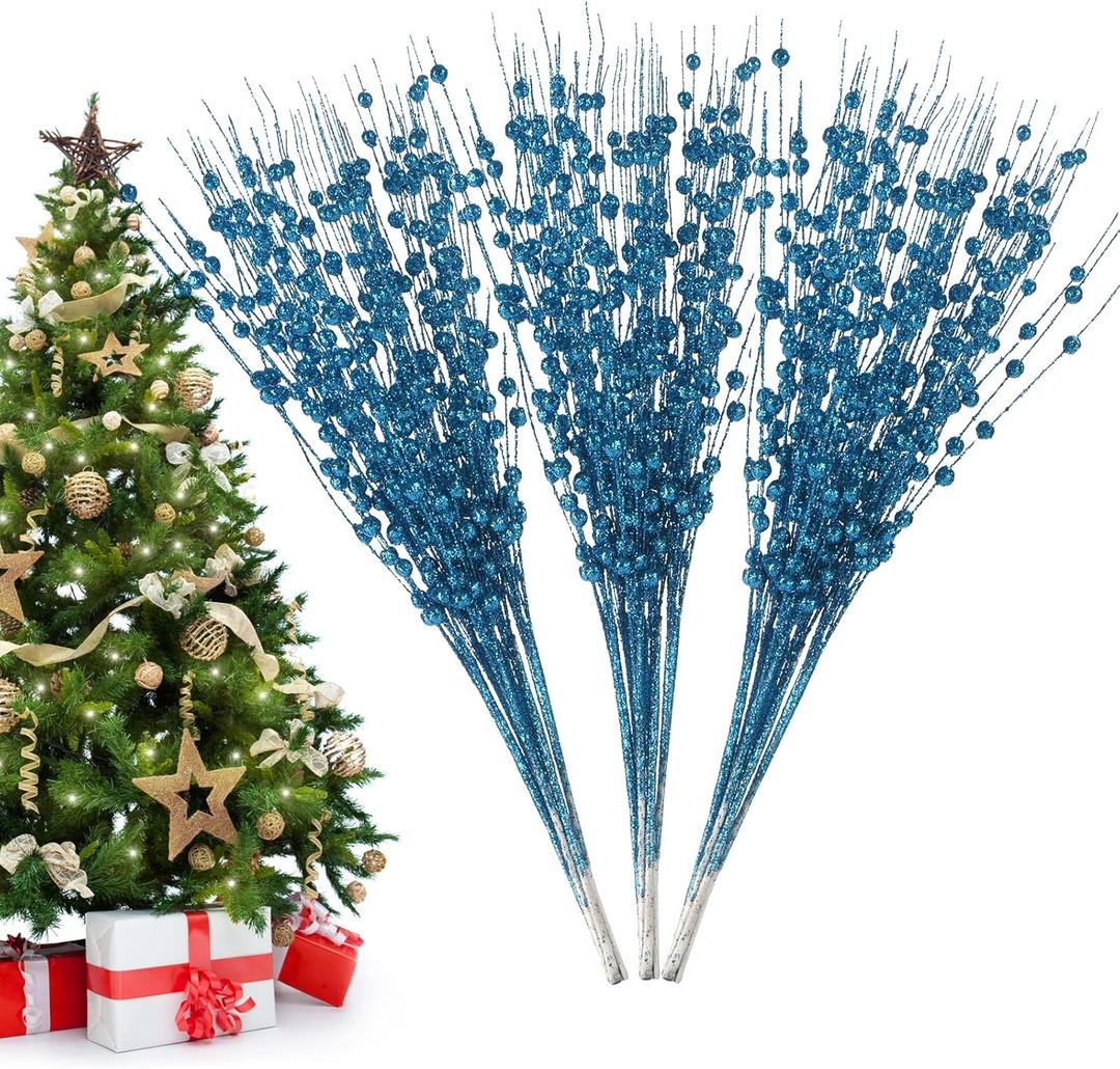 Christmas Artificial Glitter Berry Stem Decorations Decorative Bead Sticks Xmas Picks Glittery Twigs Branches for Christmas Tree Wreath Gift Vase Home Decor Party Ornaments Blue 24 PCS