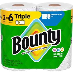 Bounty Select-A-Size Paper Towels, White, 2 Triple Rolls = 6 Regular Rolls