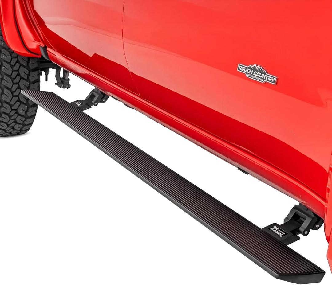 Rough Country Power Running Boards for Chevy Silverado & GMC Sierra 1500 / 2500HD / 3500HD Crew Cab (2014-2019) - Automatic Retractable Electric Side Steps with LED Lights, No-Drill Install
