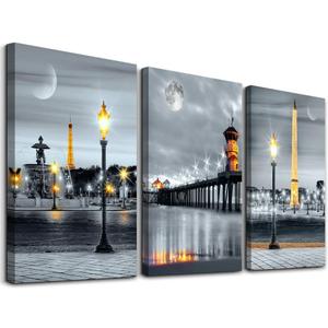 MHARTK66 Family Bedroom Wall Decor Canvas Wall Art for Living Room Modern Wall Decorations for Bathroom Night View Paintings Kitchen Canvas Art Hang Pictures Artwork Home Decoration 3 Pieces