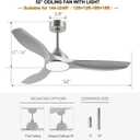 52 Inch Quiet DC Motor 6 Speed High CFM Modern Ceiling Fan with Lights Remote Control, 3 Blade Indoor Silver Ceiling Fan for Bedroom, Office, Living Room
