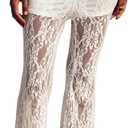 RoseSeek Women's Floral Lace Sheer Mesh Flare Pants Elastic High Waisted Long Trousers, Medium