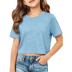 ZDC Girls Short Sleeve Crop Tops Kids Casual Crewneck T-Shirts Basic Tees 5-14 Years