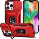 IPhone 16 Pro Case with Camera Cover & Kickstand, Military Grade Shockproof Red