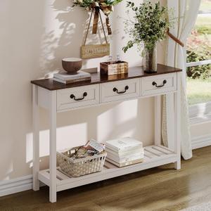 ChooChoo 47" Farmhouse Console Table with 3 Drawers, Rustic Entryway Table, Narrow Long Sofa Table for Living Room, Hallway, Behind Couch, Soft White and Brown, 11.81"D x 47.24"W x 31.3"H