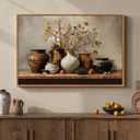 Framed Vintage Floral Pottery Kitchen Wall Art, Farmhouse Rustic Still Life Neutral Canvas Artwork for Walls, Retro Vase Flower Painting Print for Dining Room Bedroom Living Room Wall Decor, 36x24 In