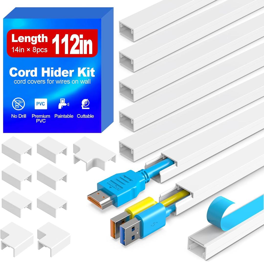 112in Cord Hider Kit, Cord Covers for Wires on Wall, Premium One-Cord Cable Hider, Paintable Cable Raceways, Self-Adhesive Wire hiders for TV, 8L14inW0.59inH0.4in, White