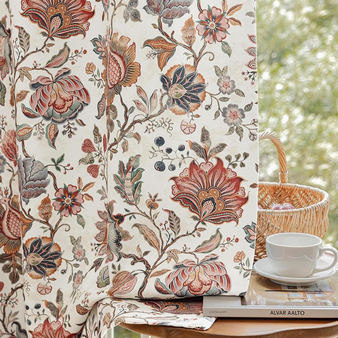 FMFUNCTEX 100% Boho Blackout Floral Curtains for Bedroom, Vintage Flower Patterned Beige Curtains 96 Inches Long for Living Room Darkening Thermal Insulated Grommet Window Farmhose Drapes 2 Panels, 52W x 96L