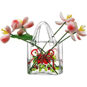 Hand-Painted Glass Handbag Vase, 9 Inch Floral Embossed Purse Vase with Thick Glass Walls, Decorative Flower Vase for Living Room, Table Centerpiece, Home Decor Gift (White Red Flowers)