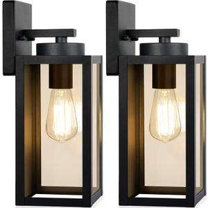Outdoor Wall Light Fixtures, Exterior Waterproof Wall Lanterns, Porch Sconces Lighting with E26 Sockets & Glass Shades, Modern Matte Black Outside Lights for Patio Front Door Entryway Garage, 2-Pack
