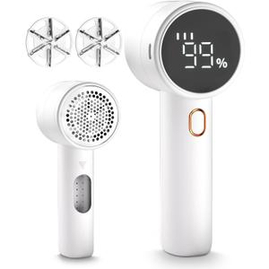 Fabric Shaver, Lint Remover Rechargeable, Electric Portable Sweater Defuzzer with 3 Speeds, 6 Leaf Blades, Digital LED Display to Remove Pilling for Clothes, Furniture, Sweater, Couch, Blanket (White)