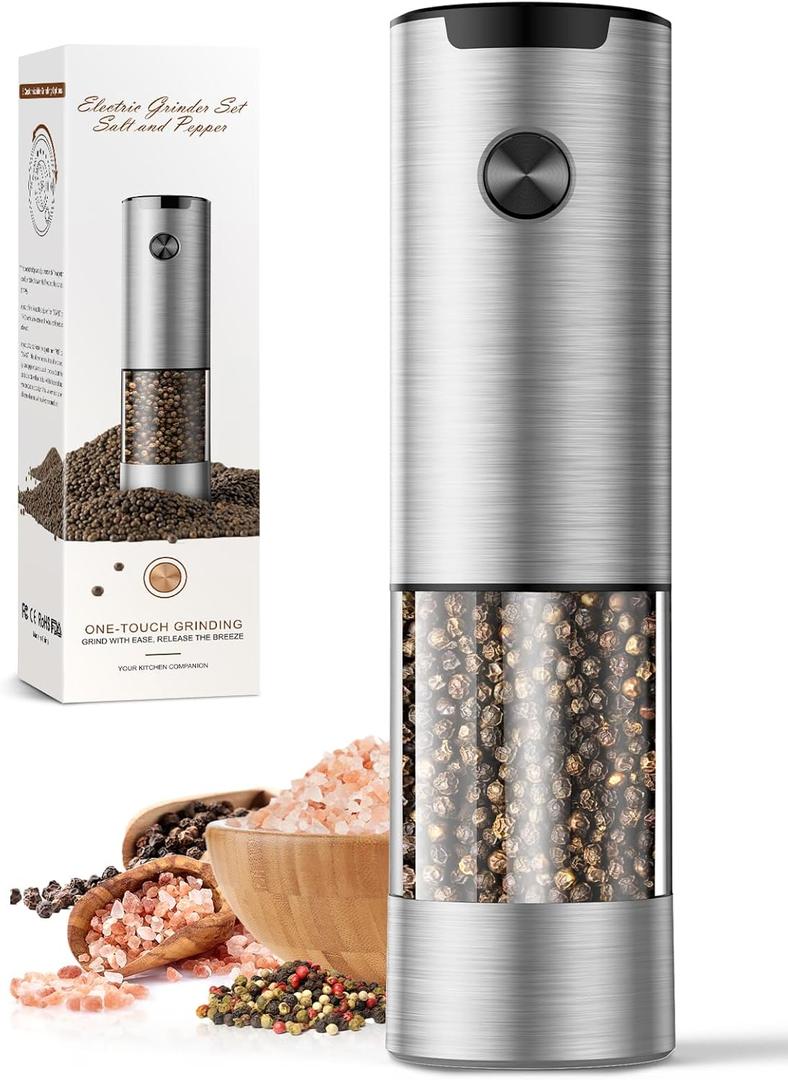 1 Pack Salt and Pepper Grinder-Electric Automatic Battery Pepper Mill Shakers Adjustable Coarseness Upgraded Larger Capacity with Led Kitchen Appliances Gifts for Women Men (Uunit 1-Stainless Steel)