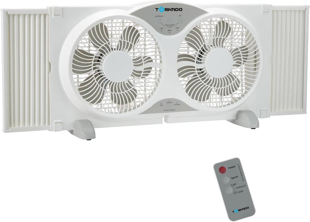 Tornado 9 Inch Window Fan with 3-Speed Settings and Detachable Base, Remote Control Window Fan for Home, Dual Fan, 23.5-35.4 Inch Expandable, 3 Function Modes (Cooling/Exhaust/Circulation), White