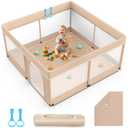Omzer Baby Playpen with Mat 50x50inch: Large Playpen for Babies and Toddlers Indoor Safety Play Pen with Soft Breathable Mesh - All-Wrapped Sponge Sturdy Play Yard with Stable Mat Magic Sticker Beige