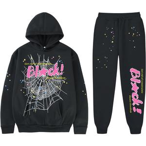 Y2K Hoodie Set Cobweb Spider Style Hoodie Pant Casual Tracksuit Long Sleeve Athletic Suit (X-Large, Black)