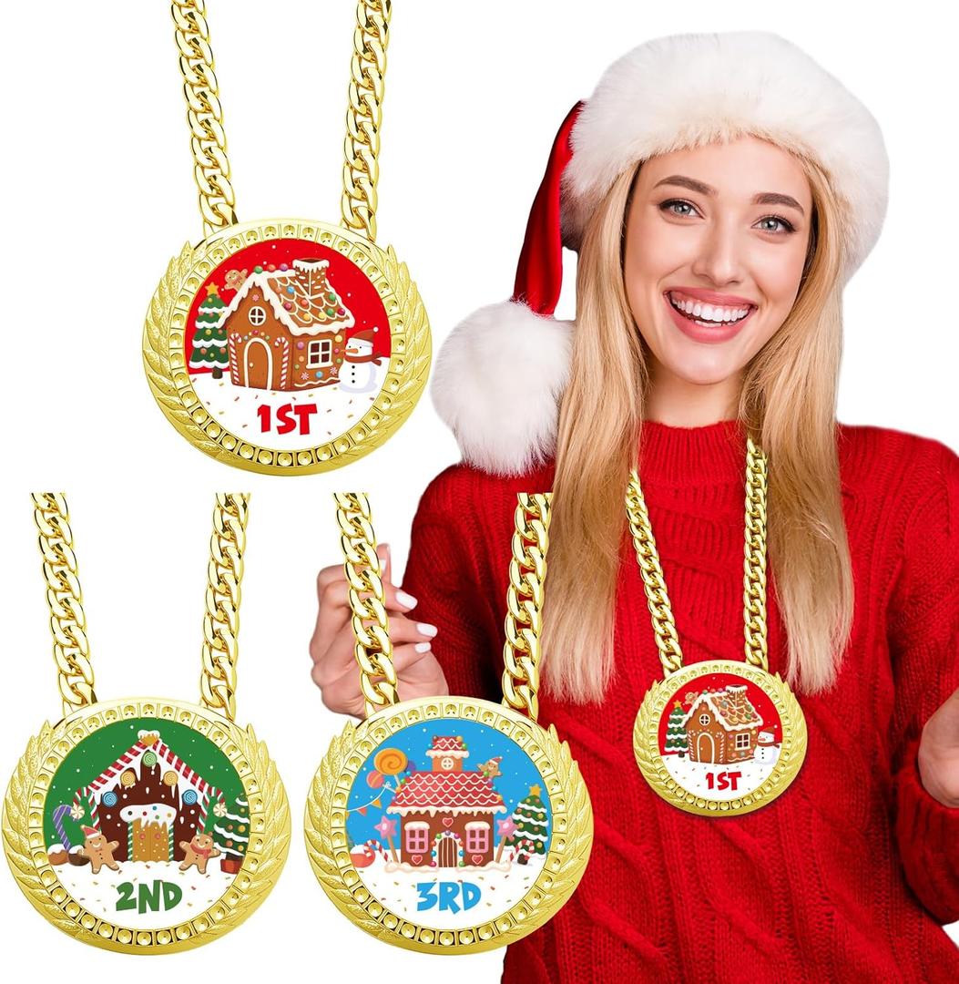 Tondiamo 3 Pieces Christmas Medals Champ Chain Trophy 6 x 5.25 Inches Xmas Jumbo Award 1st 2nd 3rd Prize for Women Men Family Xmas Holiday Party Decoration Prize Gift