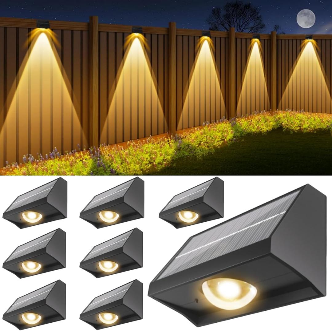 Solar Fence Lights Outdoor Waterproof High Brightness LED Spot Lens Deck Lights 7 Mode Warm & Cool White RGB Solar Powered Wall Lighting Decor for Outside Patio Step Backyard Railing Pool - 8 Pack (Black)