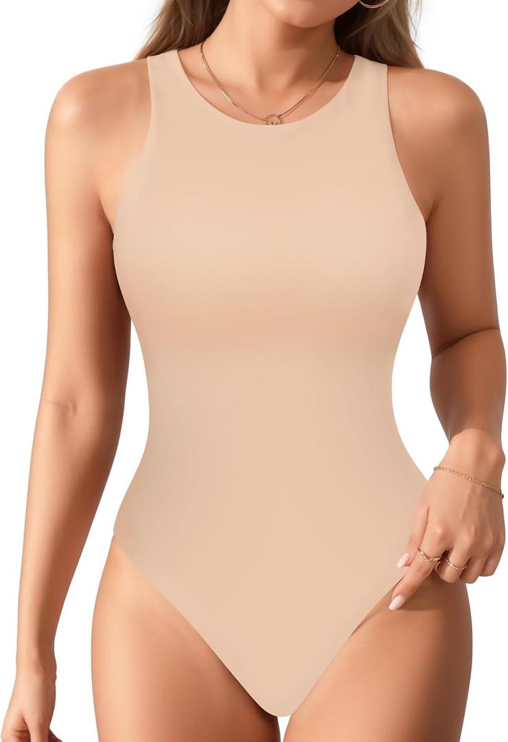 MANGOPOP Women's Tank Tops Bodysuit Double Lined Crew Neck Thong Body Suit Sleeveless Halter Fitted Top