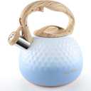 BELANKO 2.7 Quart Tea Kettle for Stovetop - Food Grade Stainless Steel with Diamond Texture, Designer Teapot Look, Cool-Touch Wood Pattern Handle, Whistling Spout - Gradient Blue
