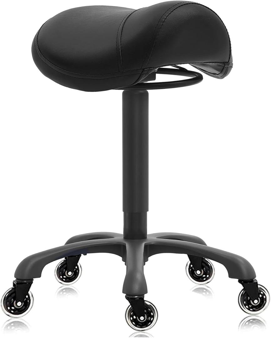 Salon Saddle Stool Adjustable Height - Heavy Duty 400LB Capacity, 360 Swivel Rolling Stool with Wheels - Ergonomic Chair for Barber, Tattoo, Office, Drafting, Makeup (No Backrest,Luxurious Black