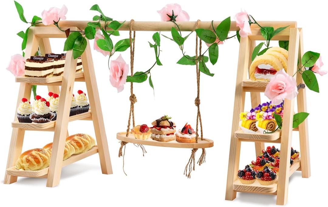 3 Tier Wooden Cupcake Stand with Swing and Flower Decoration, Large Dessert Stands with Serving Tray, Removable Trays, Foldable Ladder Food Display Set for Cake Snack Fruit Chips Bread Centerpieces (Natural)