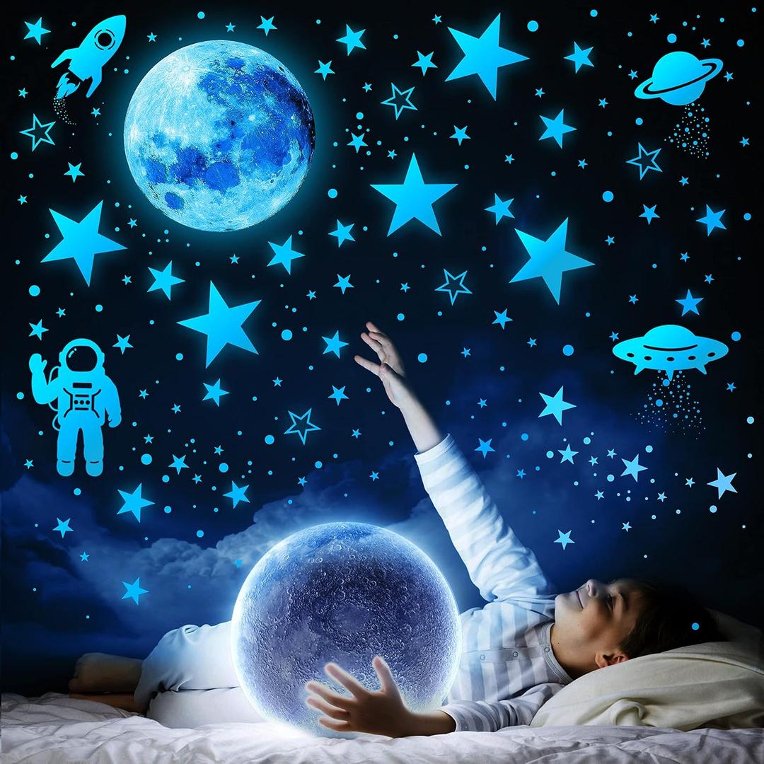 1078 PCS Glow in The Dark Stars for Ceiling Solar System Galaxy Nursery Wall Stickers Rocket Astronaut Kids Boys Room Decorations Bedroom (Blue Planet)
