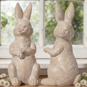 DN DECONATION Easter Decorations Bunny Figurines Set of 2 - Rabbit Statues Farmhouse Spring Home Decor, Light Brown Resin Easter Tabletop Rustic Decor for Shelf, Mantel, Coffee Table (Beige and White)