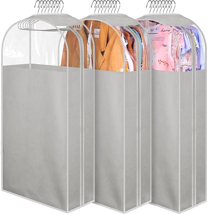 MISSLO 10" Gusseted Garment Bags for Hanging Clothes 40" Clear Suit Bags for Closet Storage Suits Cover Coat Protector, 3 Packs, Grey, Fabric 