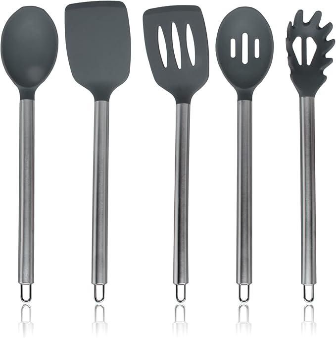 Silicone Cooking Utensils, Kitchen Utensil Set, Easy to Clean Silicone Kitchen Utensils, Cooking Utensils for Nonstick Cookware, Kitchen Gadgets Set, 5 Pieces, Gray - Stainless Steel